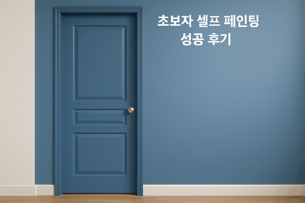 초보자 셀프 페인팅 성공 후기: 파란색으로 페인팅된 깔끔한 방문과 벽의 모습