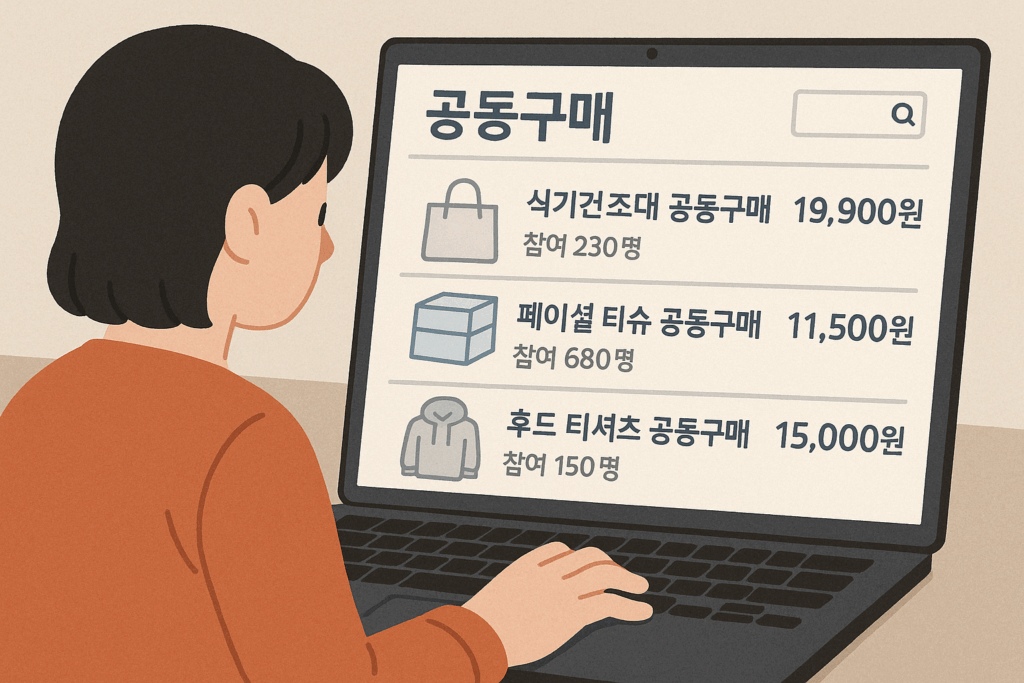 온라인에서 공동 구매 정보를 찾아보는 모습