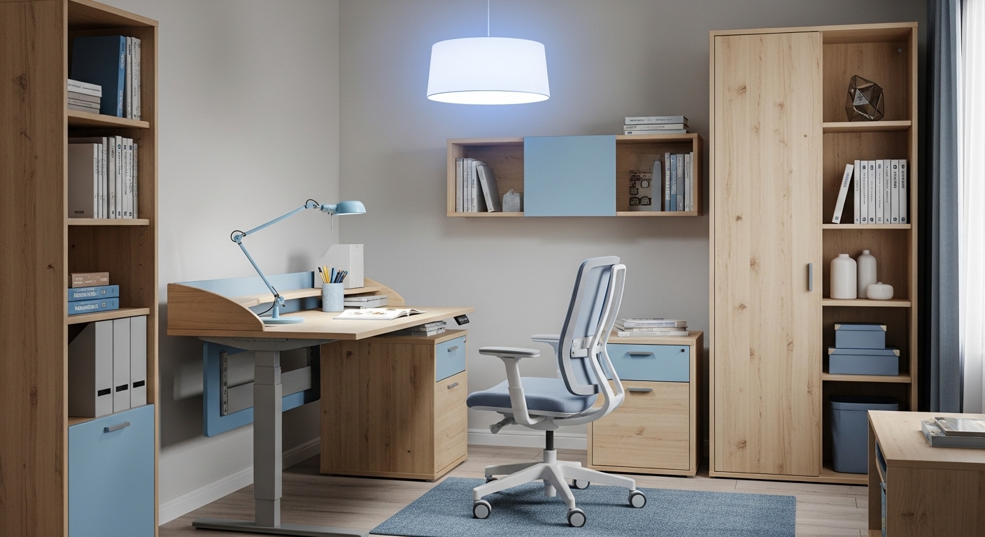 초등학생 자녀의 학습 집중력을 높여주는 밝고 정돈된 공부방 전경, 인체공학적 책상과 의자, 적절한 조명이 조화를 이루고 있습니다.