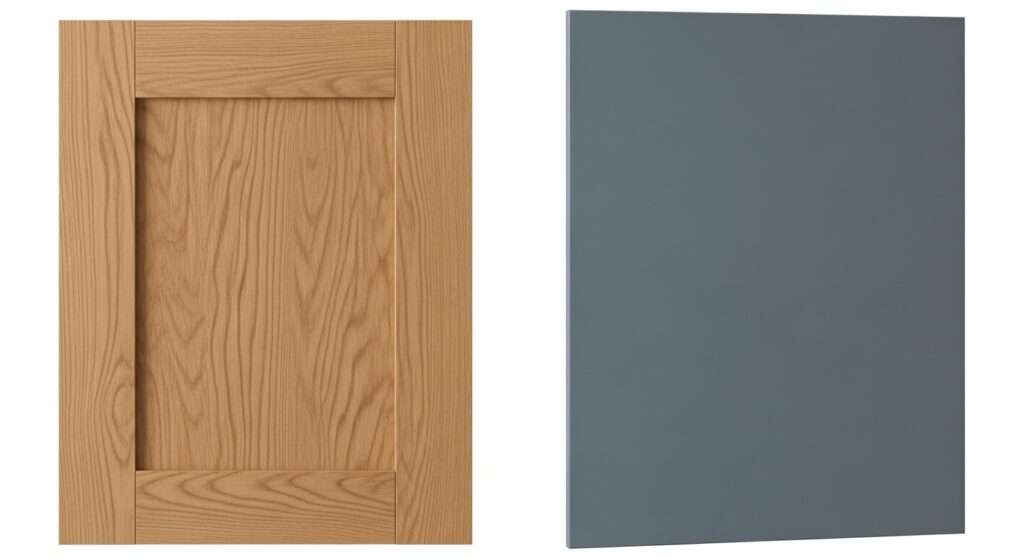 고급 원목과 가성비 좋은 LPM 자재로 만든 주방 캐비닛 도어를 비교하는 모습. LPM 도어는 모던한 블루-그레이 무광 마감으로 세련된 느낌을 준다.