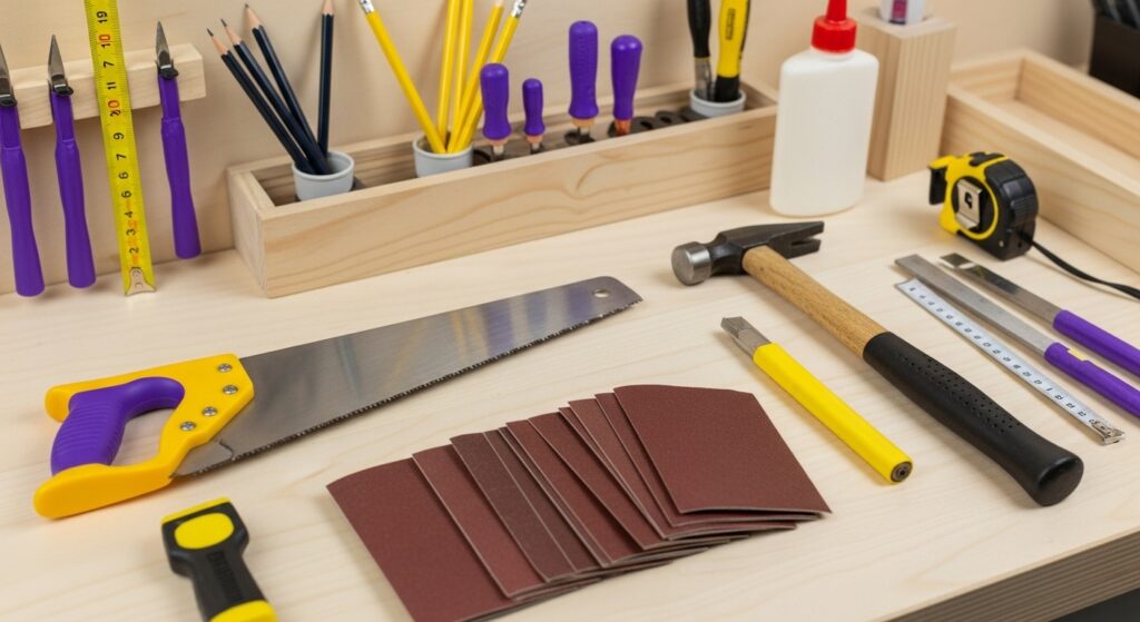 DIY 목공예/초보자 가이드:초보자를 위한 깨끗하게 정리된 작업대 위에 작은 톱, 망치, 줄자, 연필, 목공 본드, 사포 등 필수적인 손 목공 도구들이 가지런히 놓여있는 모습. 밝고 환한 조명이 작업 준비가 완료된 듯한 느낌을 준다.