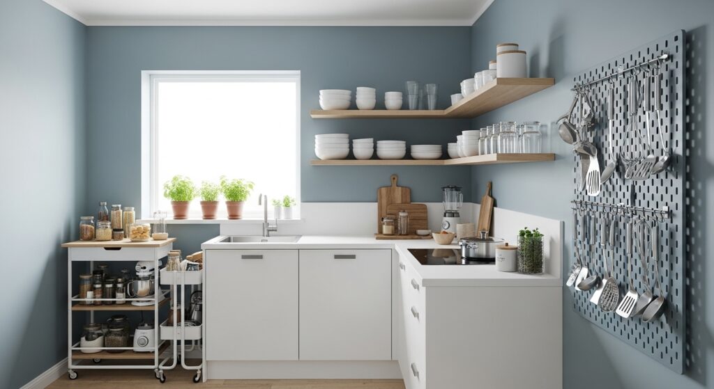벽 선반, 페그보드, 이동식 트롤리를 활용하여 효율적으로 정리된 소형 주방 수납 솔루션. 블루-그레이와 화이트 톤의 깔끔한 디자인이 돋보인다.