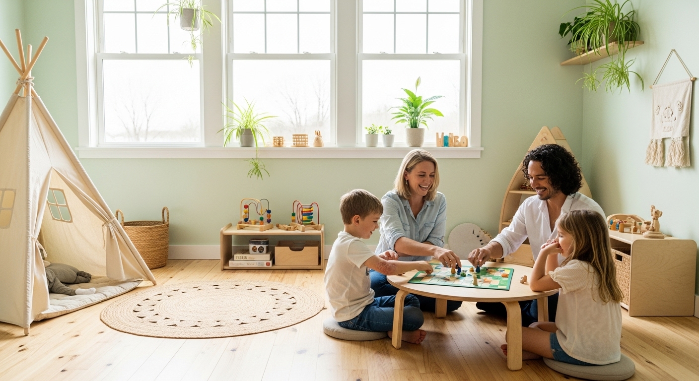 아토피 자녀와 친환경 건축자재 활용 하여 건강한 아이 방 꾸민데서 즐거운 게임을하는 가족들